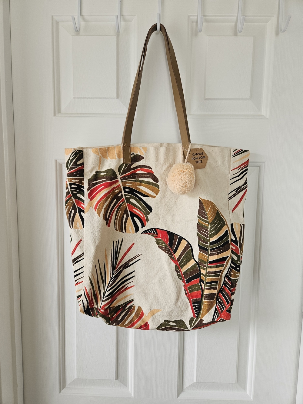 Canvas Pom-Pom Tropical Print Tote - Brown/Red/Green